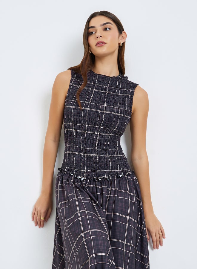 Styli Women Checked Smocked Sleeveless Maxi Dress - Image 1